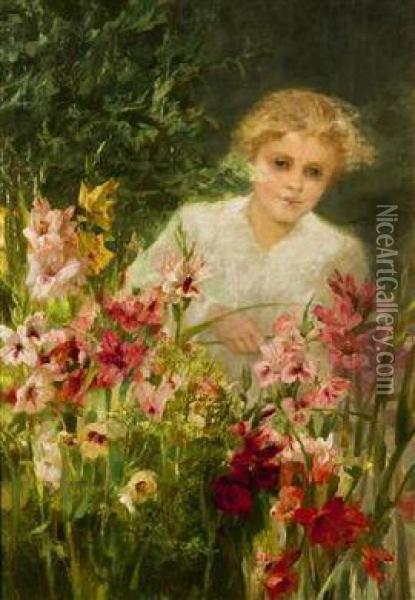 A Girl Among Irises Oil Painting - Hermina Laukotova