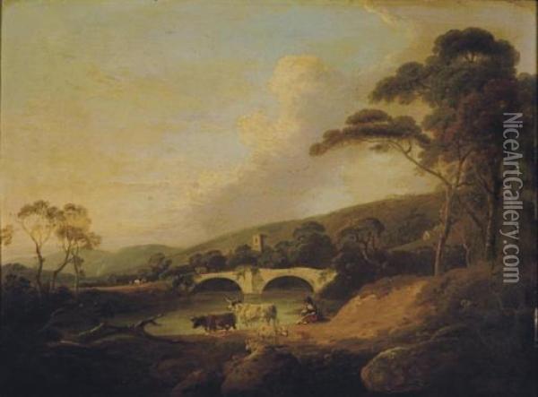 Cows Near A River And Bridge Beyond Oil Painting - Julius Caesar Ibbetson