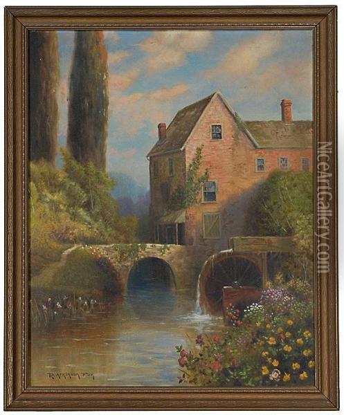 Portrayal Of An Old Grist
Mill. Oil Painting - Robert Atkinson Fox