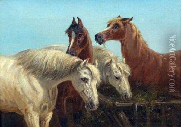 Horses By A Trough Oil Painting - Thomas Smythe