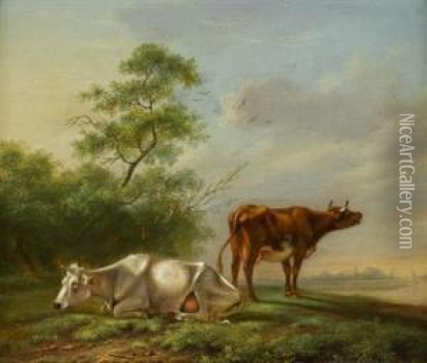 Two Cows In A Landscape Oil Painting - Paulus Potter