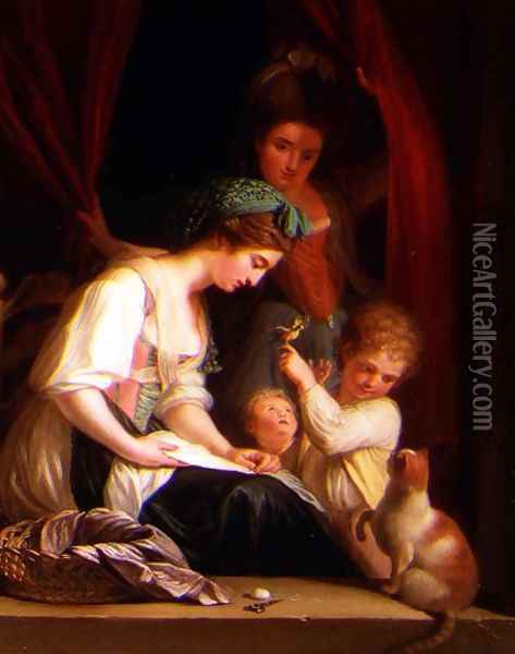 A Mother and her Children with a Nurse Behind Oil Painting - Ludwig Guttenbrunn