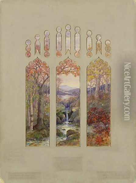 Design for Autumn Landscape Window Oil Painting - Louis Comfort Tiffany
