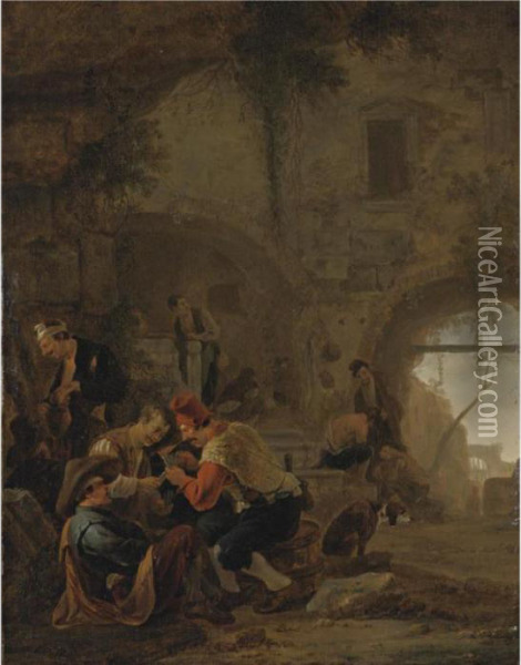 Banditti Playing Cards Amongst Ruins Oil Painting - Thomas Wyck