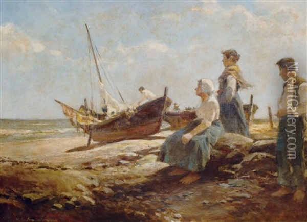 Fischerboote An Der Adriatischen Kuste Oil Painting - Hermann Schmidtmann