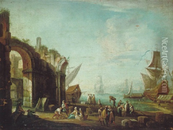 Sudlicher Hafen Mit Antiken Ruinen, Einem Dreimaster Und Vielen Figuren Oil Painting - Ignaz Franz Josef Flurer