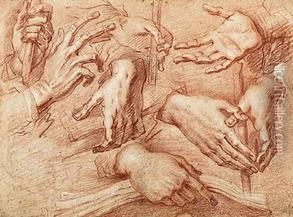 Eight studies of hands, one holding a stick, another a cross or book Oil Painting - Giovanni Battista Crespi (Cerano II)