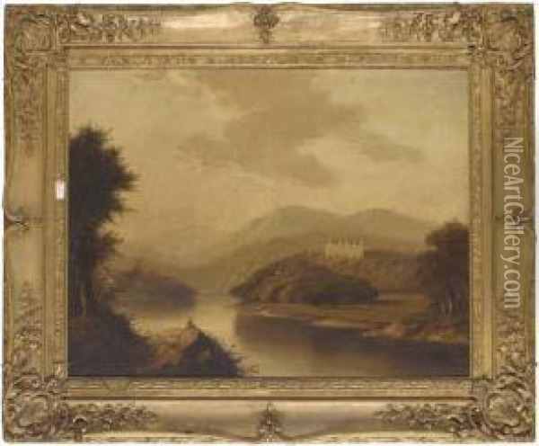 A Fisherman Beside A Highland 
River, A Castle Beyond, Traditionally Identified As Blair Castle Oil Painting - Edward Train