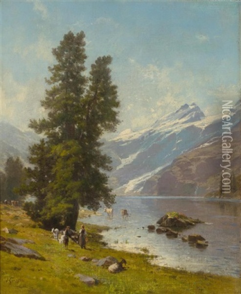 Hirtin Mit Tieren Am Bergsee Oil Painting - Johann-Joseph Geisser