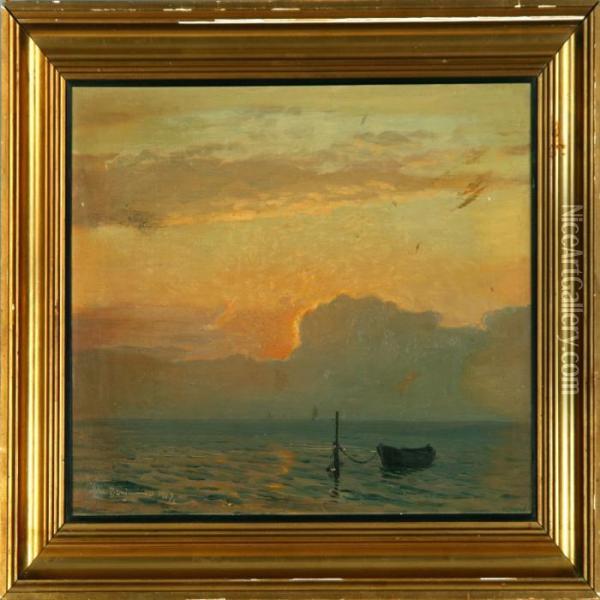 A Danish Marine With A Rowing Boat In The Sunset Oil Painting - Christian Benjamin Olsen