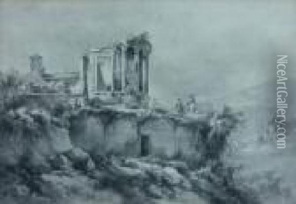 Le Temple De La Sibylle A Tivoli Avec Un Peintre Sur Le Motif Oil Painting - Jean-Jacques De Boissieu