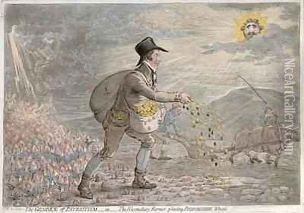The Generae of Patriotism or The Bloomsbury Farmer planting Bedfordshire Wheat Oil Painting - James Gillray