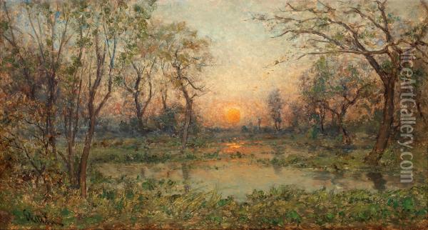 French Landscape With Setting Sun Oil Painting - Per Ekstrom