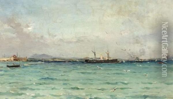 Navire Dans La Rade De Toulon Oil Painting - Eugene Baptiste E. Dauphin