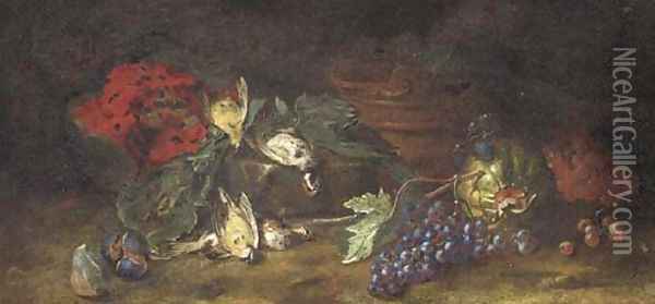 A watermelon, figs, dead birds and grapes on the vine in a clearing Oil Painting - Felice Rubbiani