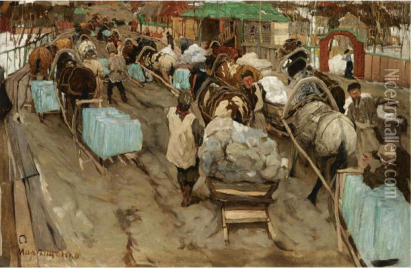 Cotton And Salt Merchants Oil Painting - Mitrofan Borisovic Grekov