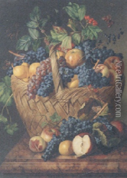 Grapes, Apples And Pears In A Basket With Berries And Butterflies On A Marble Ledge Oil Painting - Leopold Zinnoegger