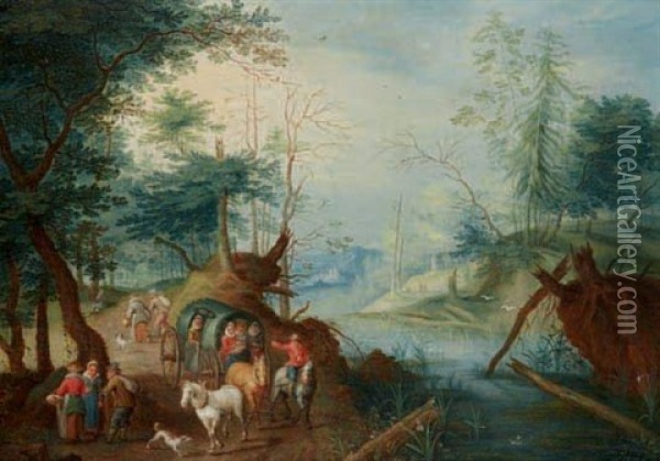 Charriot Et Promeneurs Le Long D'une Riviere Oil Painting - Balthasar Beschey