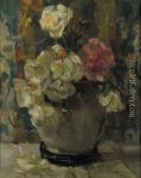Witte En Rose Rozen In Een Lanooypot Oil Painting - Floris Verster
