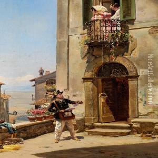 Two Italian Girlson A Balcony Lowering A Basket For The Postman Oil Painting - Vilhelm J. Rosenstand