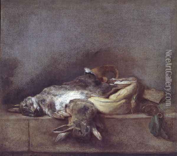 Still Life with Rabbits, a Gamebag and a Powder Horn, c.1755 Oil Painting - Jean-Baptiste-Simeon Chardin