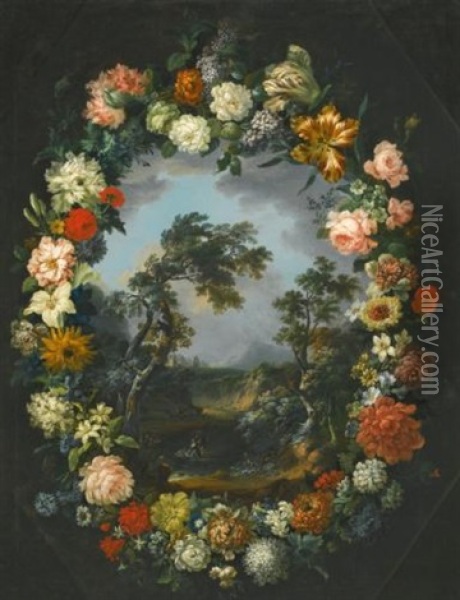 A Floral Garland Surrounding A River Landscape Oil Painting - Vincenzo Martinelli