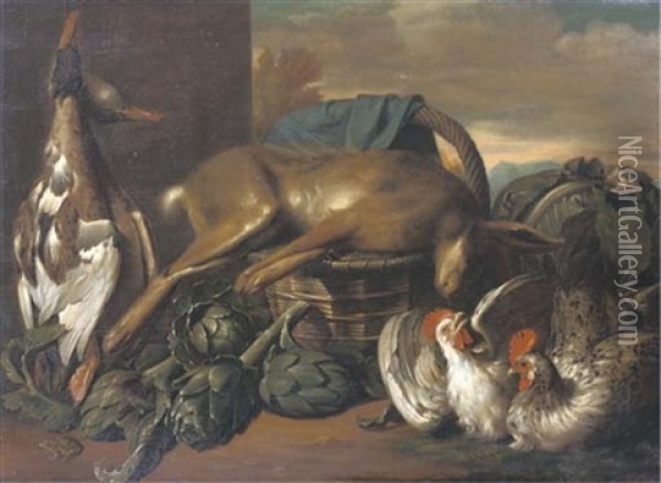 Game, Including Ducks And A Hare On A Basket, With Artichokes And Cockerels In A Landscape Oil Painting - Balthasar Huys