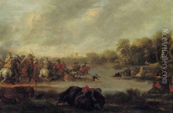 A cavalry skirmish by a river Oil Painting - Palamedes Palamedesz. (Stevaerts, Stevens)