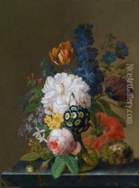 Blumenstillleben In Einer Glasvase Auf Einer Marmorplatte Oil Painting - Georg Frederik Ziesel
