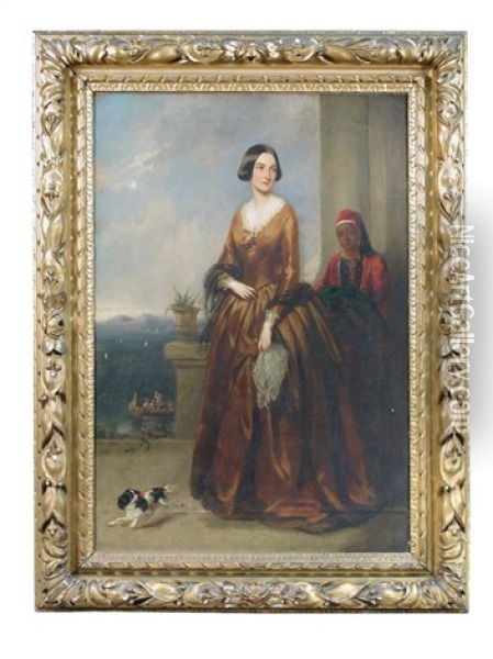Portrait Of Miss Frances Blagrave, Later Mrs Charles Digby (1809-1849), On A Terrace In An Italian Landscape, With Her Eastern Maid And A Papillon... Oil Painting - Richard Buckner
