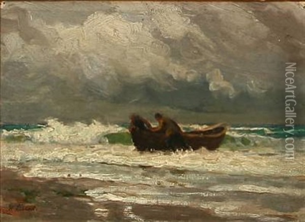 Two Fishermen Draws Their Rowboat Up On The Shore Oil Painting - Holger Luebbers