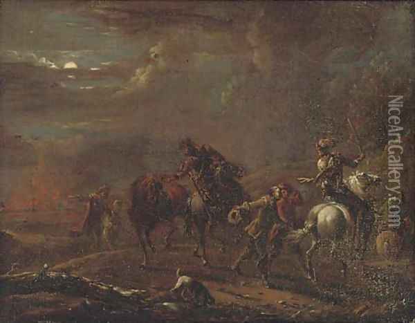 Figures fleeing a burning town Oil Painting - Carel van Falens or Valens