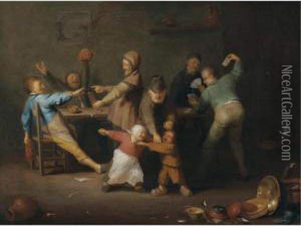 An Interior With Peasants Gambling And Children Play-fighting Oil Painting - Joachim Van Den Heuvel