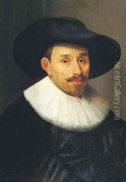 A portrait of a man, bust-length, in a black costume Oil Painting - Bartholomeus Van Der Helst