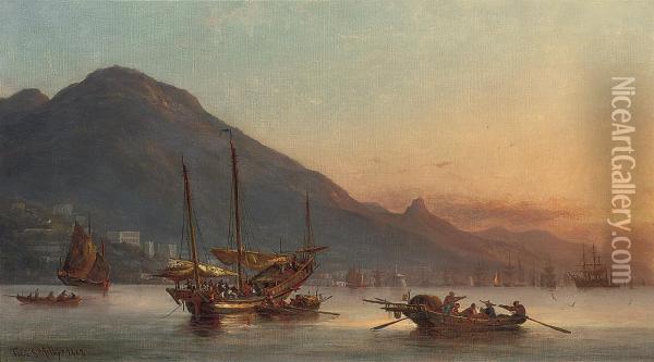 Junks, Sampans And Western Shipping Lying Off Hong Kong At Dusk Oil Painting - Fritz Sigfried G. Melbye