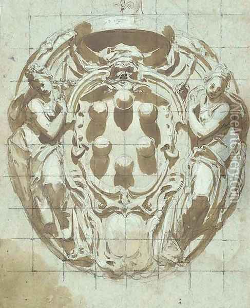 An elaborate cartouche with the Medici arms flanked by figures of Justice and Wisdom Oil Painting - Bernardino Barbatelli Poccetti