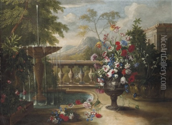 Une Urne De Fleurs Pres D'une Fontaine Dans Un Parc Oil Painting - Mario Nuzzi