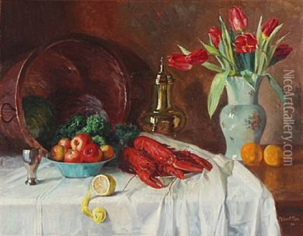 Still Life With Tulips, Lobster And Fruits On A Table With A White Tablecloth Oil Painting - Robert Panitzsch