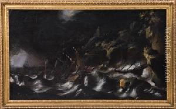 Marina In Tempesta Con Galeoni Oil Painting - Matthieu Van Plattenberg