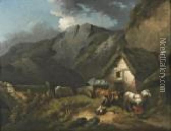 A Slate Quarry With Figures Gathering Slate By A Cottage Oil Painting - George Morland
