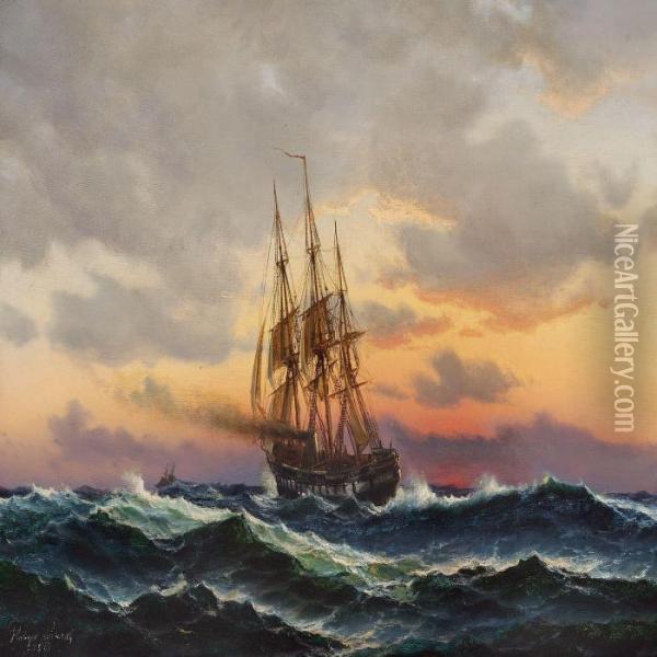 Seascape With Ships In The Sunset Oil Painting - Holger Peter Svane Lubbers