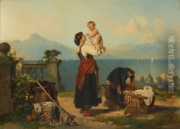 Mere Et Enfant Sur Fond De Paysage Lacustre Oil Painting - Karel Frans Philippeau