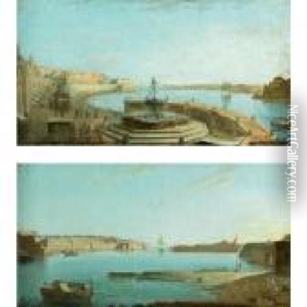 A View Of Valetta Harbour, Malta, From The Neptune Fountain; A Panoramic View Of Valetta Harbour Oil Painting - Giorgio Pullicino