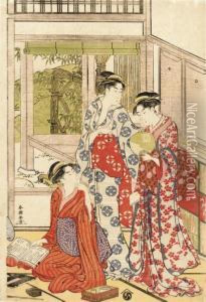 A Sheet From A Triptych Depicting A Girl Kneeling On The Floor Holding A Book In Her Hand While Two Others Stand Behind Her, One Of Whom Holds A Fan, Signed 
Shuncho Ga
, Seal 
Churin
, Published By Eijudo Han, Very Good Impression, Fresh Colours And Con Oil Painting - Yushido Shuncho