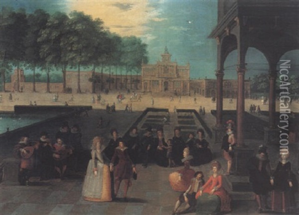 Couples Dancing In A Palace Courtyard Oil Painting - Louis de Caullery