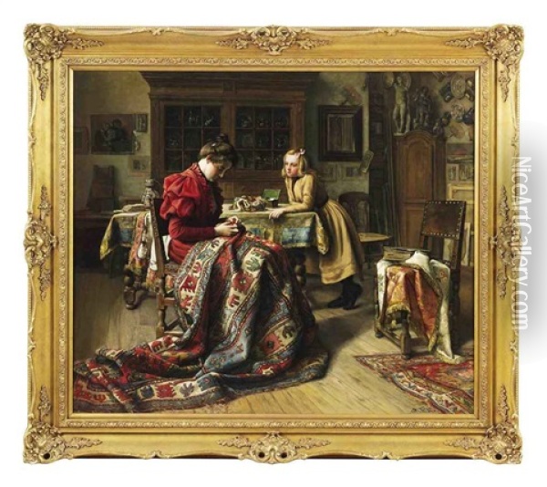 Mending The Rug Oil Painting - Jean Baptiste Coene