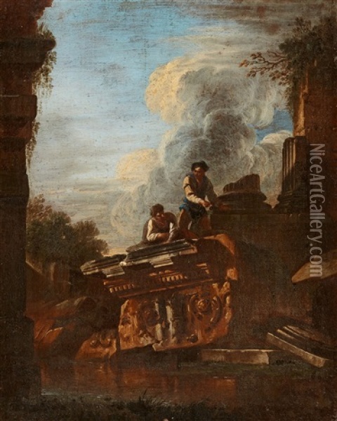 Capriccio With Two Men Amid Architectural Fragments Oil Painting - Salvator Rosa