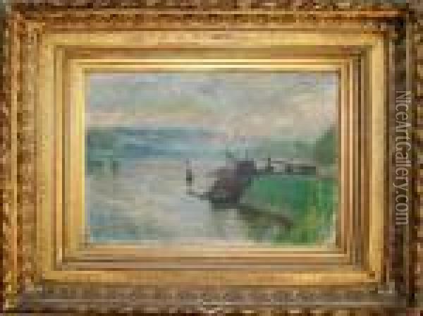 Quayside View On A River Oil Painting - Lucien Pissarro