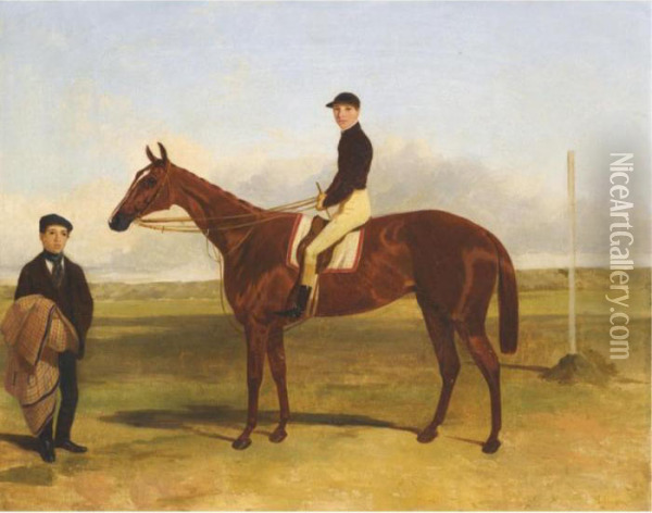 A Bay Racehorse With Jockey Up Oil Painting - Harry Hall