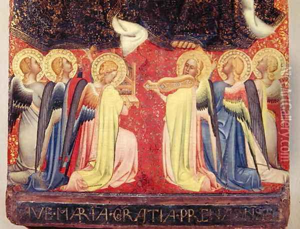 The Coronation of the Virgin, detail of angel musicians, c.1350 Oil Painting - Simone Puccio di